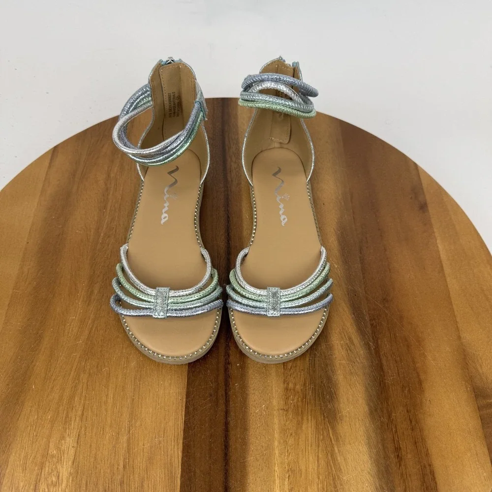 Big Kids Girls Nina Brianna Blue Metallic Strappy Casual Sandals Size 1 Y GUC
